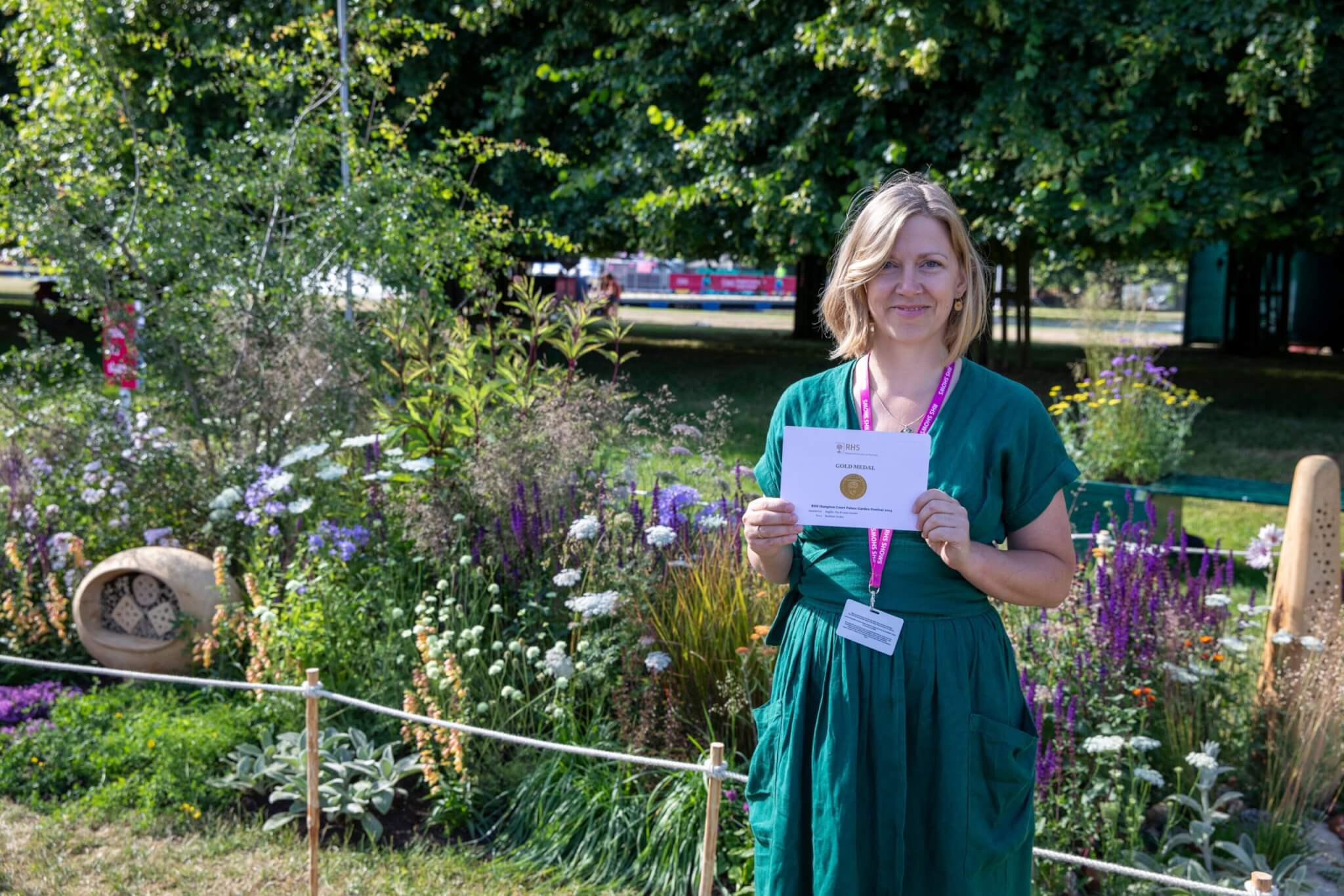 Buglife: The B-Lines Garden. Designed by Hayley Herridge. Sponsored by Buglife – The Invertebrate Conservation Trust. Resilient Pocket Planting. RHS Hampton Court Palace Garden Festival 2024. Site no. 209