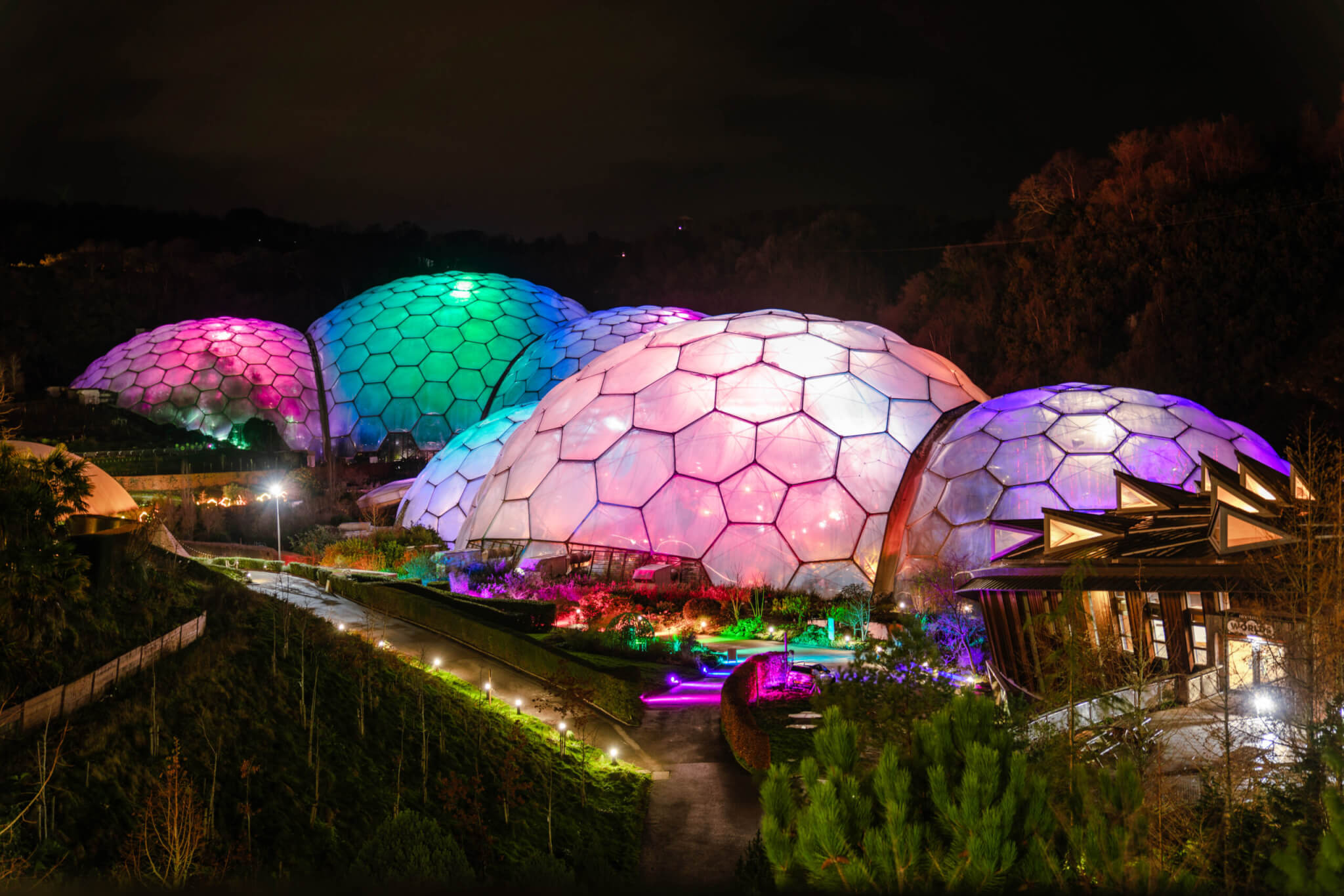 Lit-up Biomes for Christmas at the Eden Project