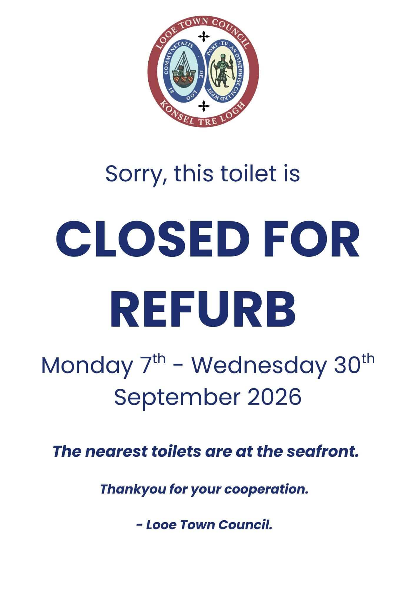 Looe Town Council notice: Guildhall toilet closed for refurbishment 7 to 30 September 2026