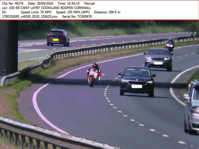 Police camera clip showing a motorcycle recorded at 155mph on the eastbound A30 at Cooksland, Bodmin