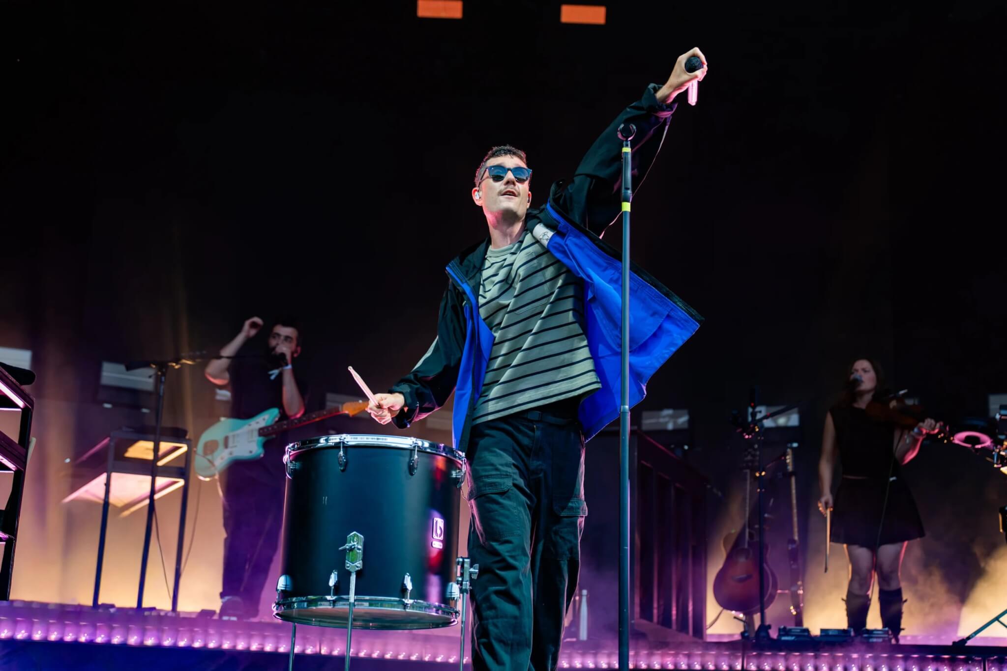 Bastille's Dan Smith on stage with a floor tom at the Eden Sessions 2026 (photo Rob Donald)