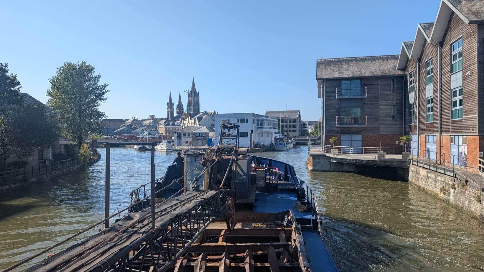 View from the Mannin's deck upriver towards Truro Cathedral