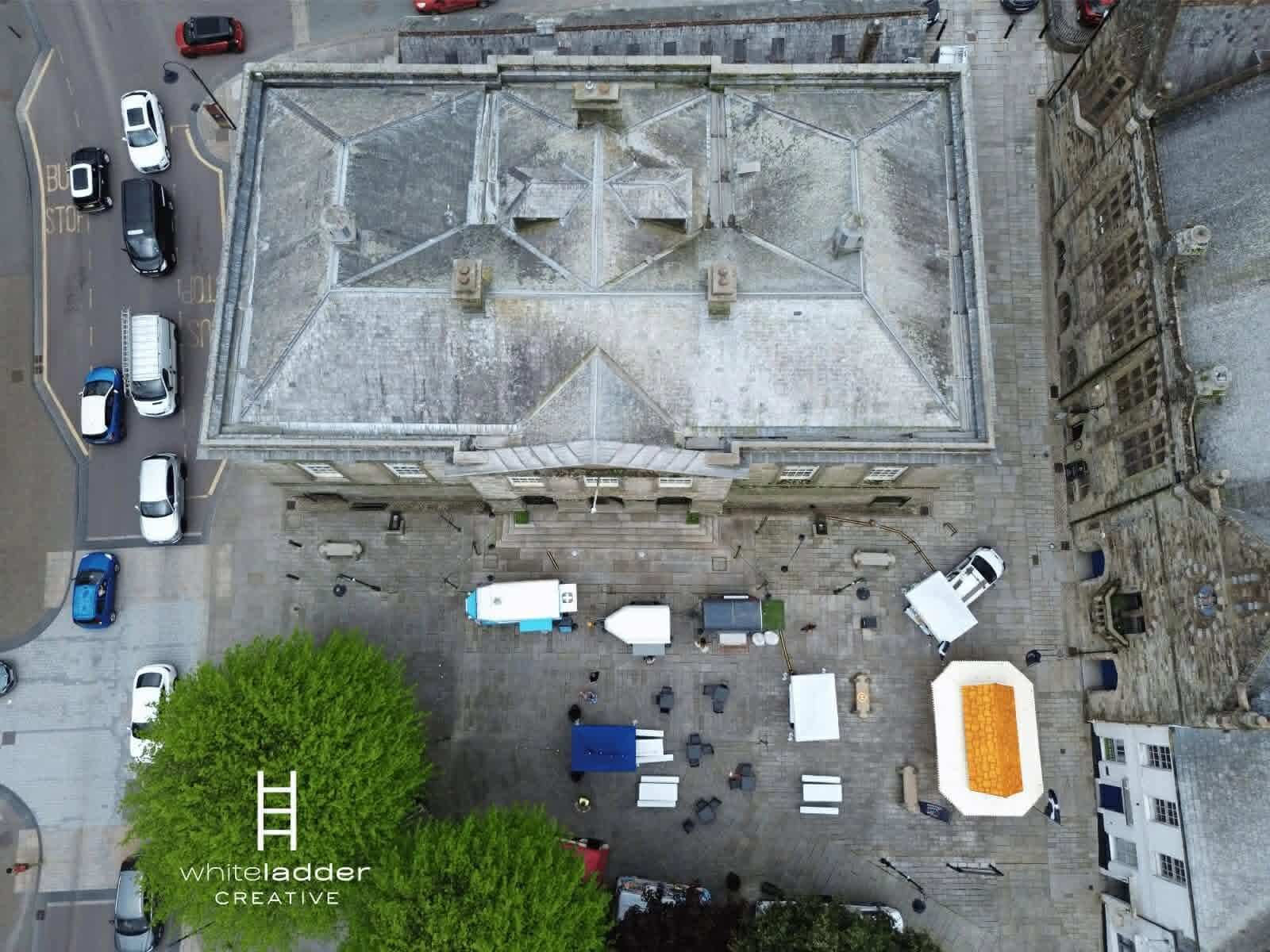 Aerial view of the street food evening set up on Mount Folly, Bodmin