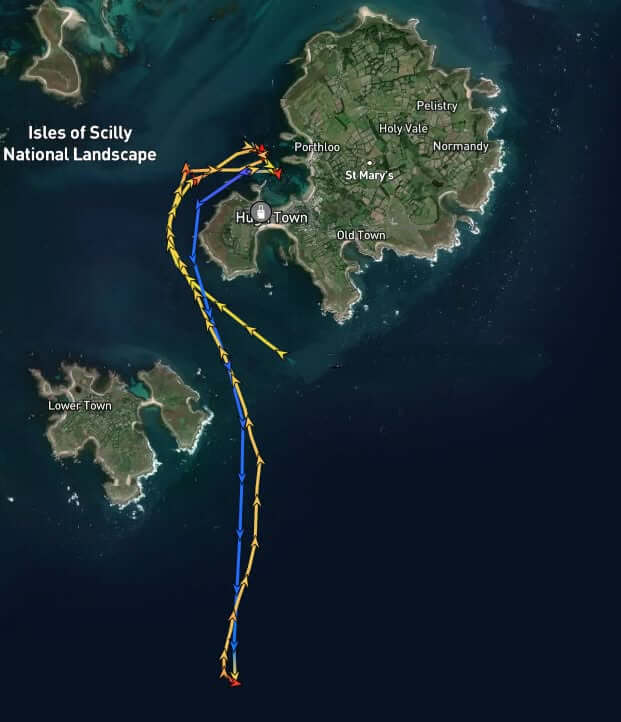 Track map showing the St Mary's lifeboat's route from harbour to the catamaran off Peninnis Head and the tow back to St Mary's