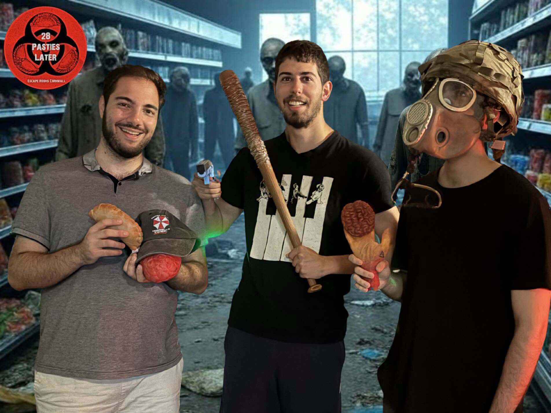 Three players with props in a zombie escape room at Escape Rooms Cornwall
