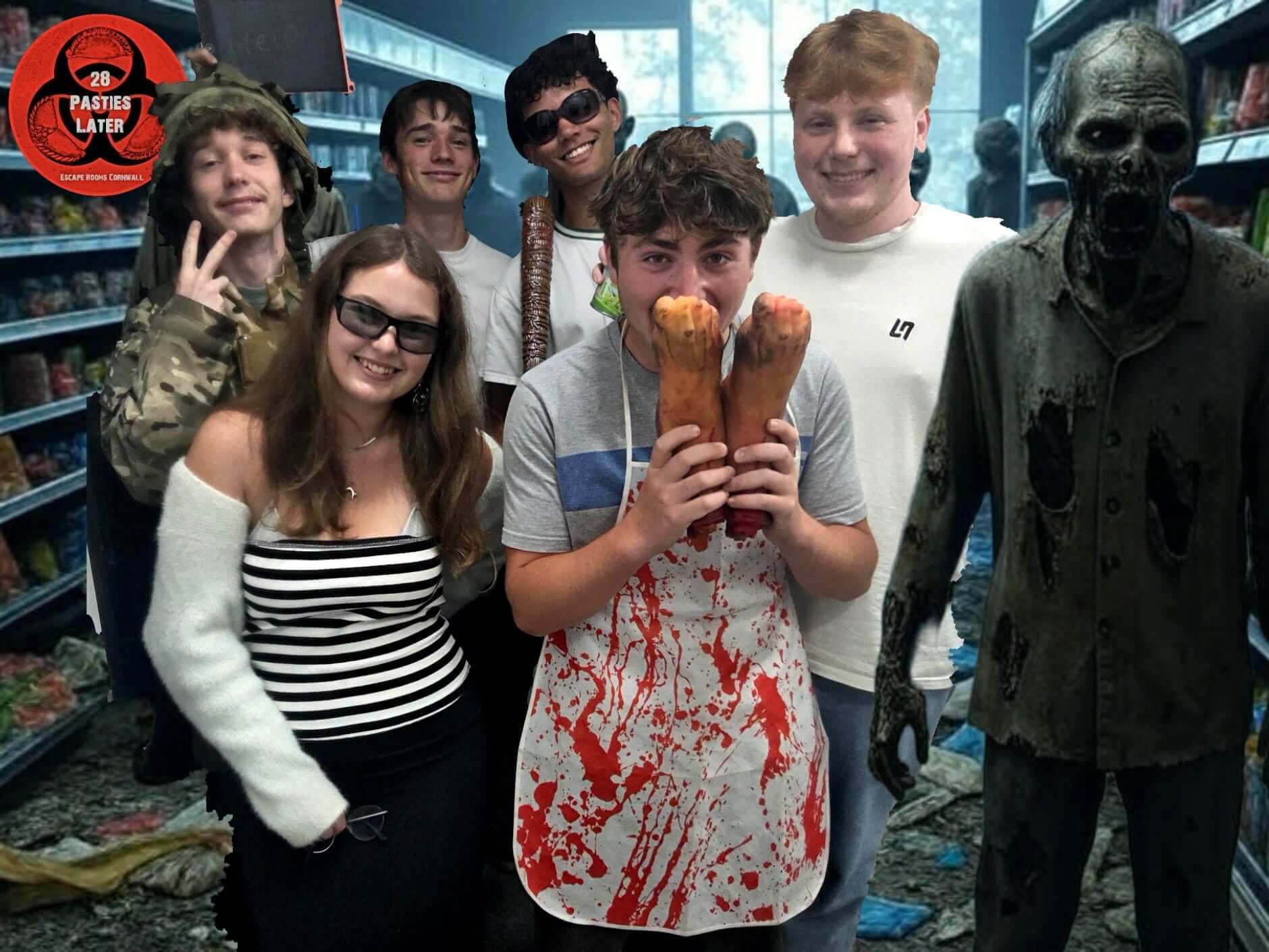 Group of players in a zombie-themed escape room at Escape Rooms Cornwall