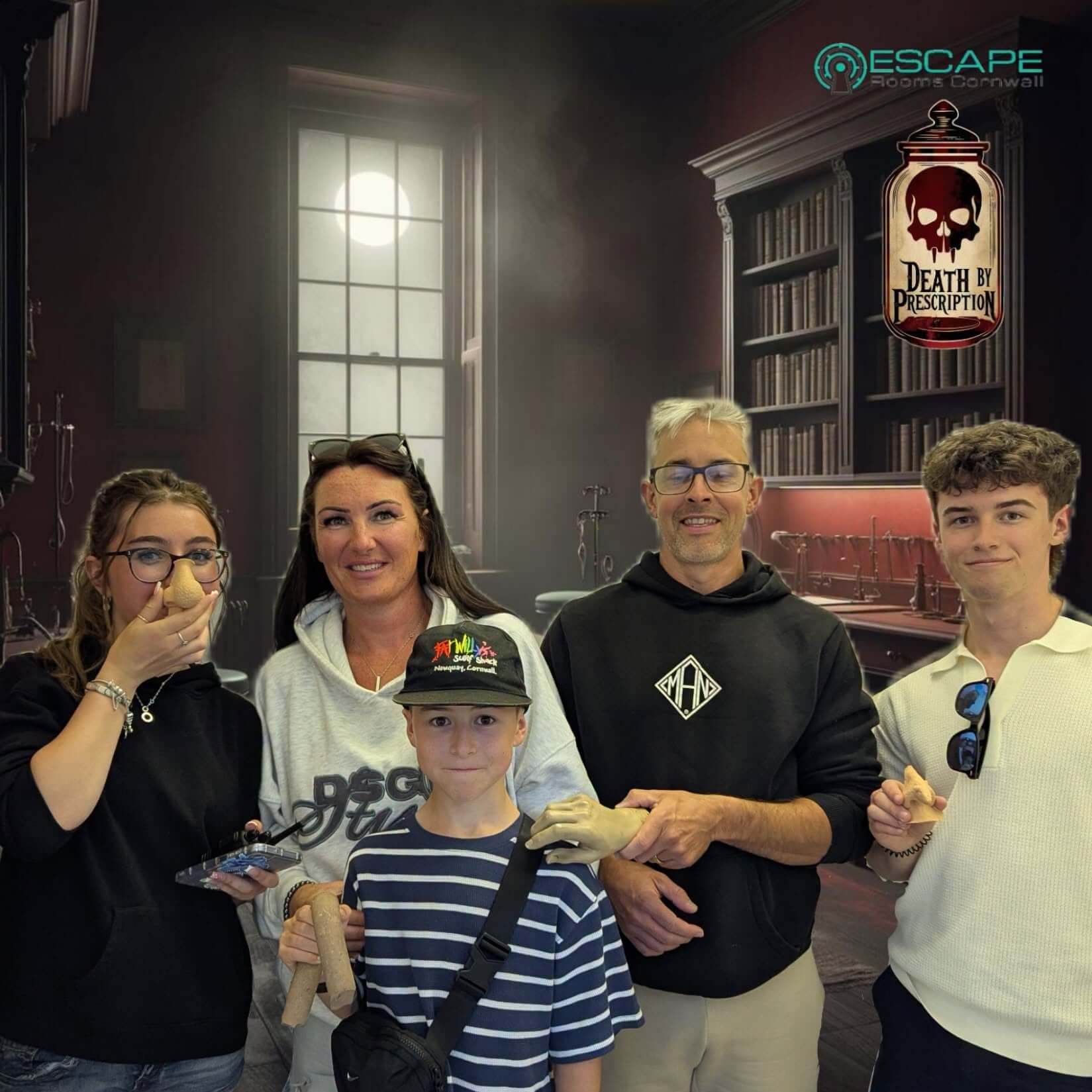 Family in the Death by Prescription escape room at Escape Rooms Cornwall in Penzance