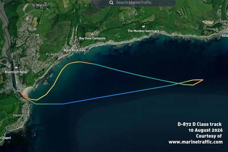 Map showing the Looe RNLI D Class track along the coast on 10 August 2026