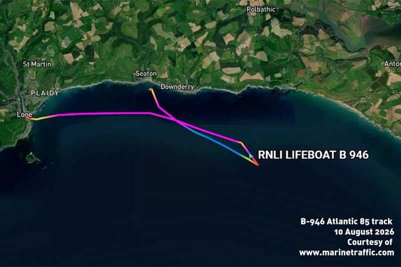 Map showing the Looe RNLI Atlantic 85 track off Looe on 10 August 2026