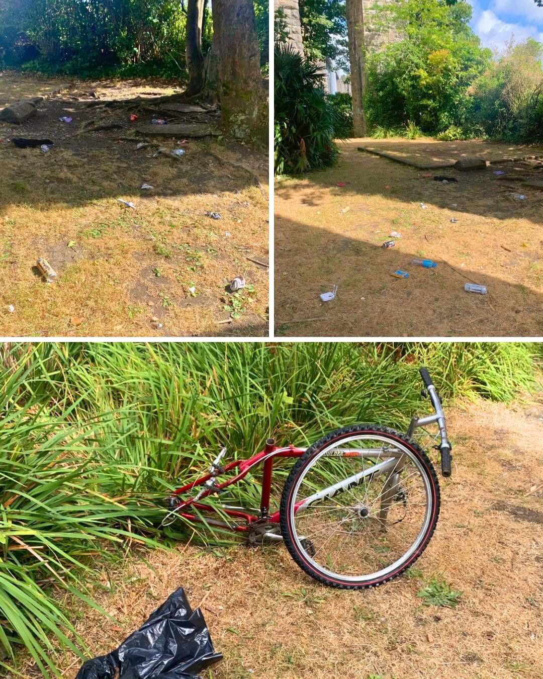 Council photos showing litter and a dumped bike at Huntley Gardens in Saltash
