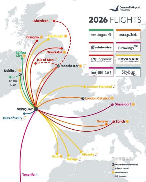 Cornwall Airport Newquay 2026 flights map with routes to 19 destinations and the airline logos serving them