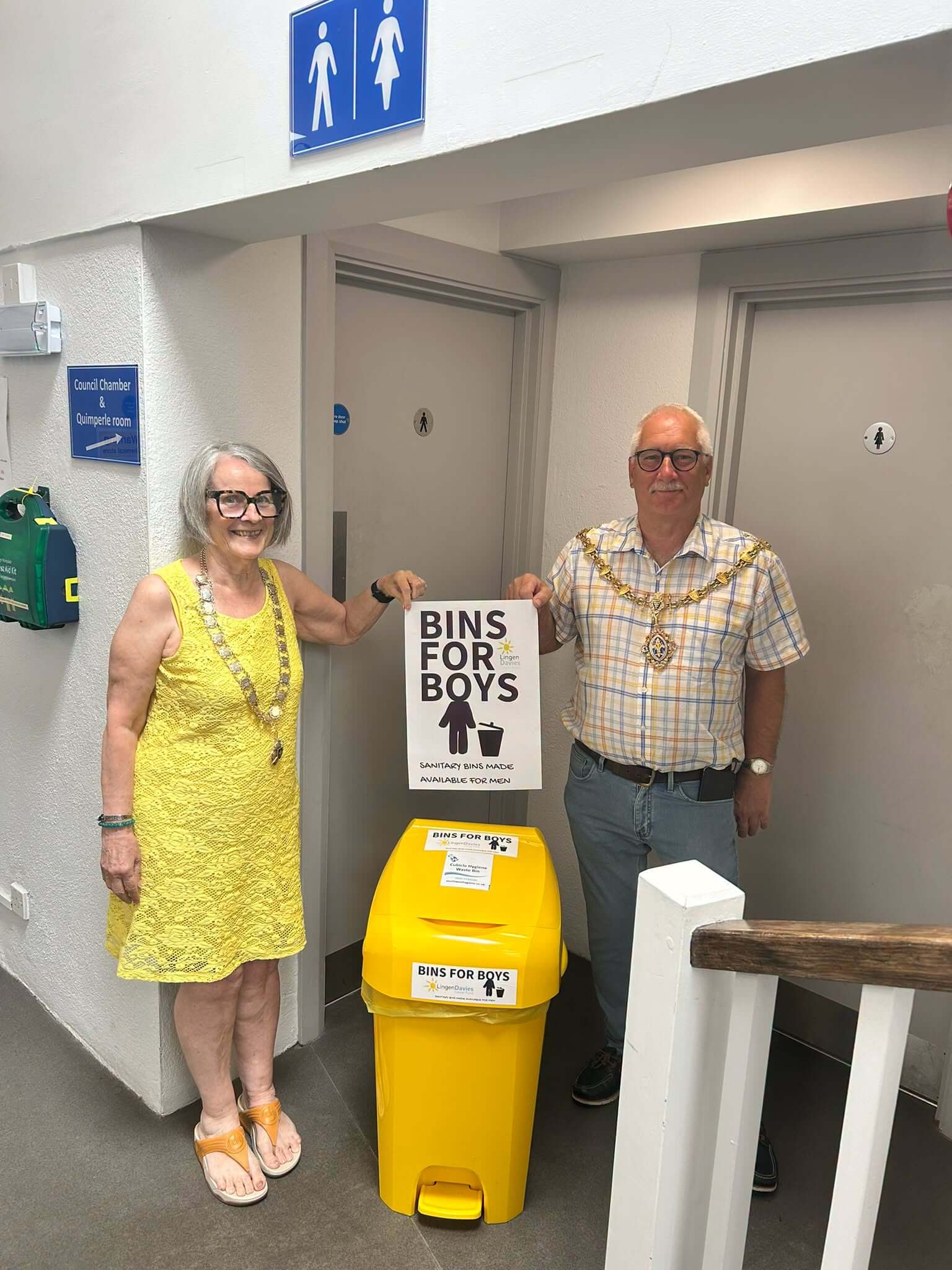 Mayor David Braithwaite and Deputy Mayor Sylvia Berry with the new Bins for Boys bin at Liskeard Public Hall
