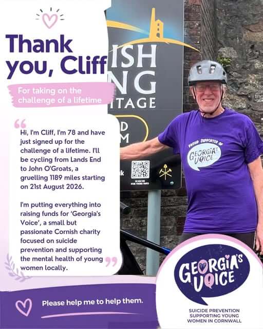 Thank you Cliff graphic featuring Clifford Poultney ahead of his Land's End to John O'Groats cycle for Georgia's Voice