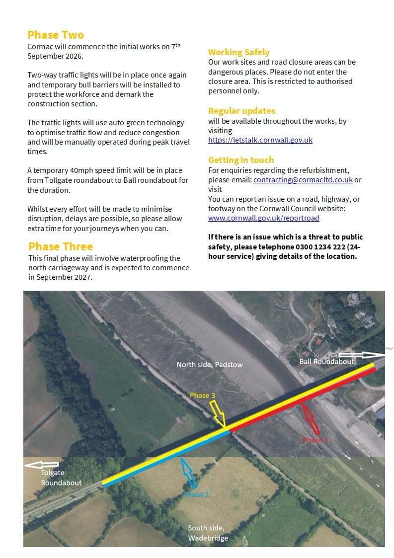 Map showing the three phases of Camel Viaduct maintenance works at Wadebridge