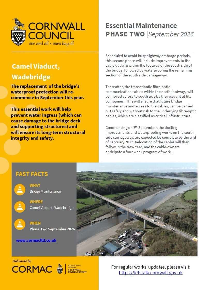 Cornwall Council Phase Two essential maintenance notice for Camel Viaduct, Wadebridge