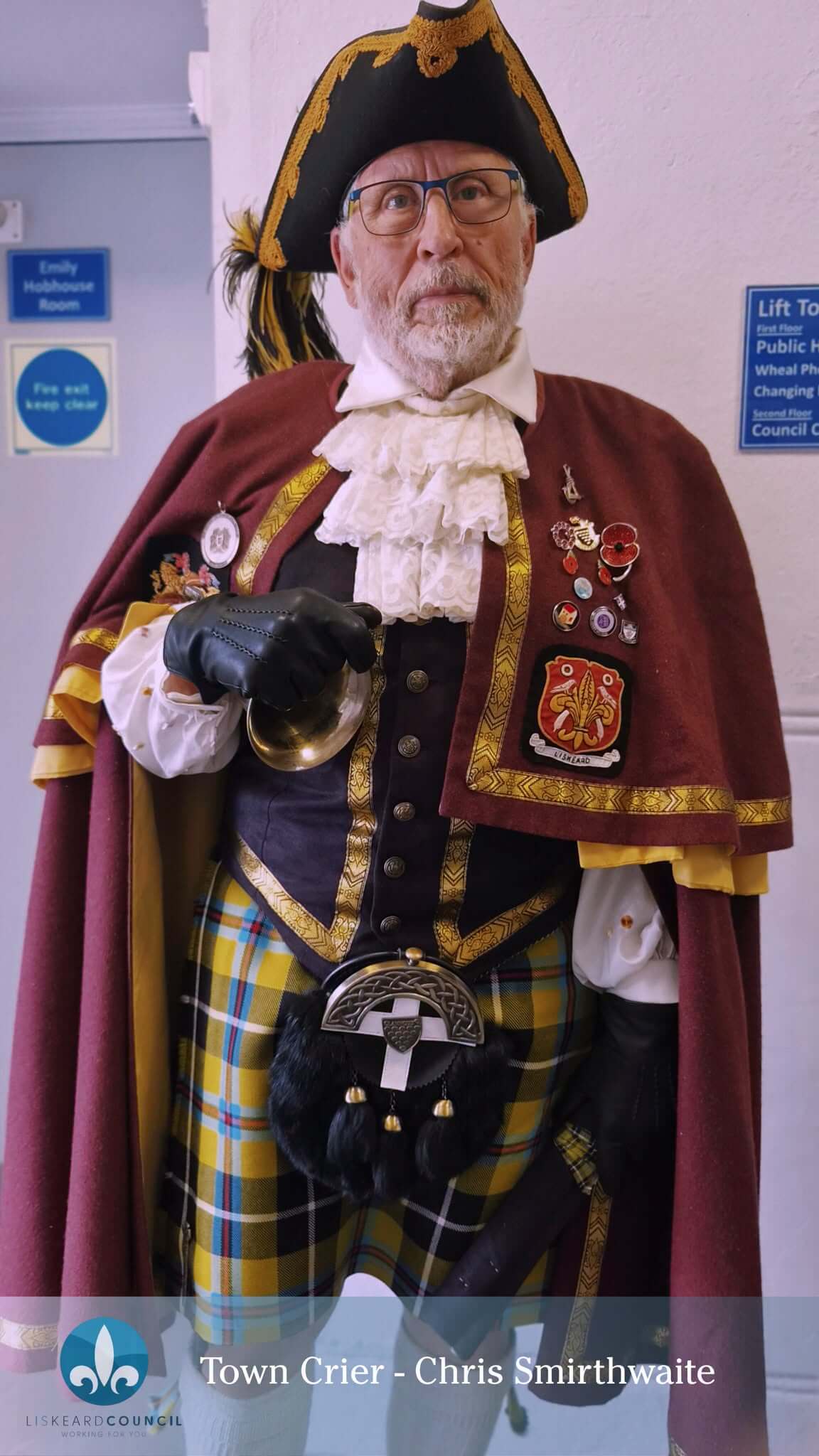 Town Crier Chris Smirthwaite in ceremonial dress at the Liskeard RNA 40th anniversary parade