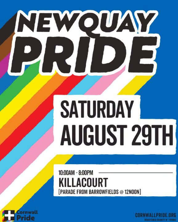 Newquay Pride event poster with date, time and location details