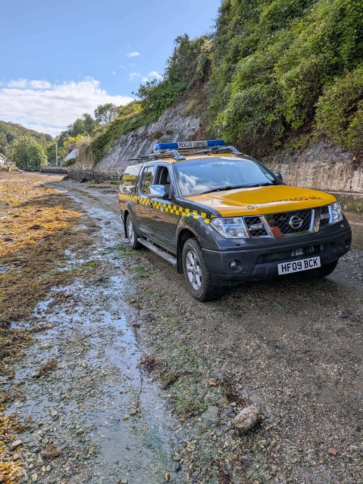 Coastguard rescue 4x4 on the shore at Helford Passage
