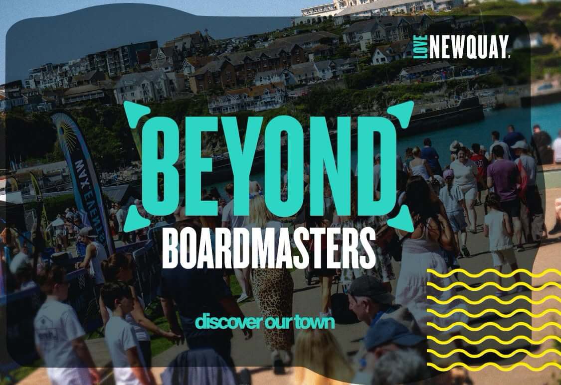 Beyond Boardmasters campaign graphic from Newquay BID over a crowd on Newquay harbour