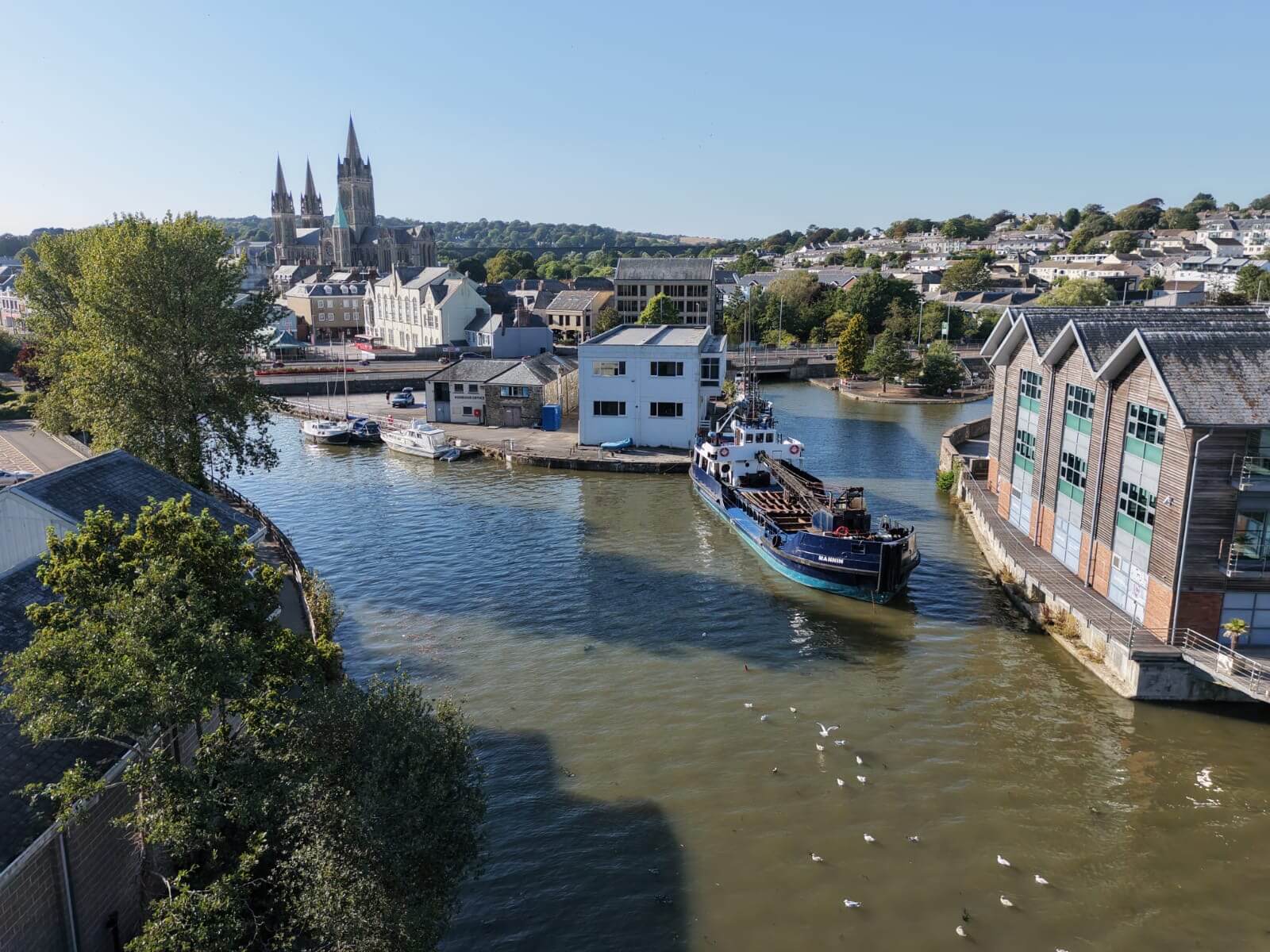 Aerial view of the Mannin on the Truro River with Truro Cathedral behind