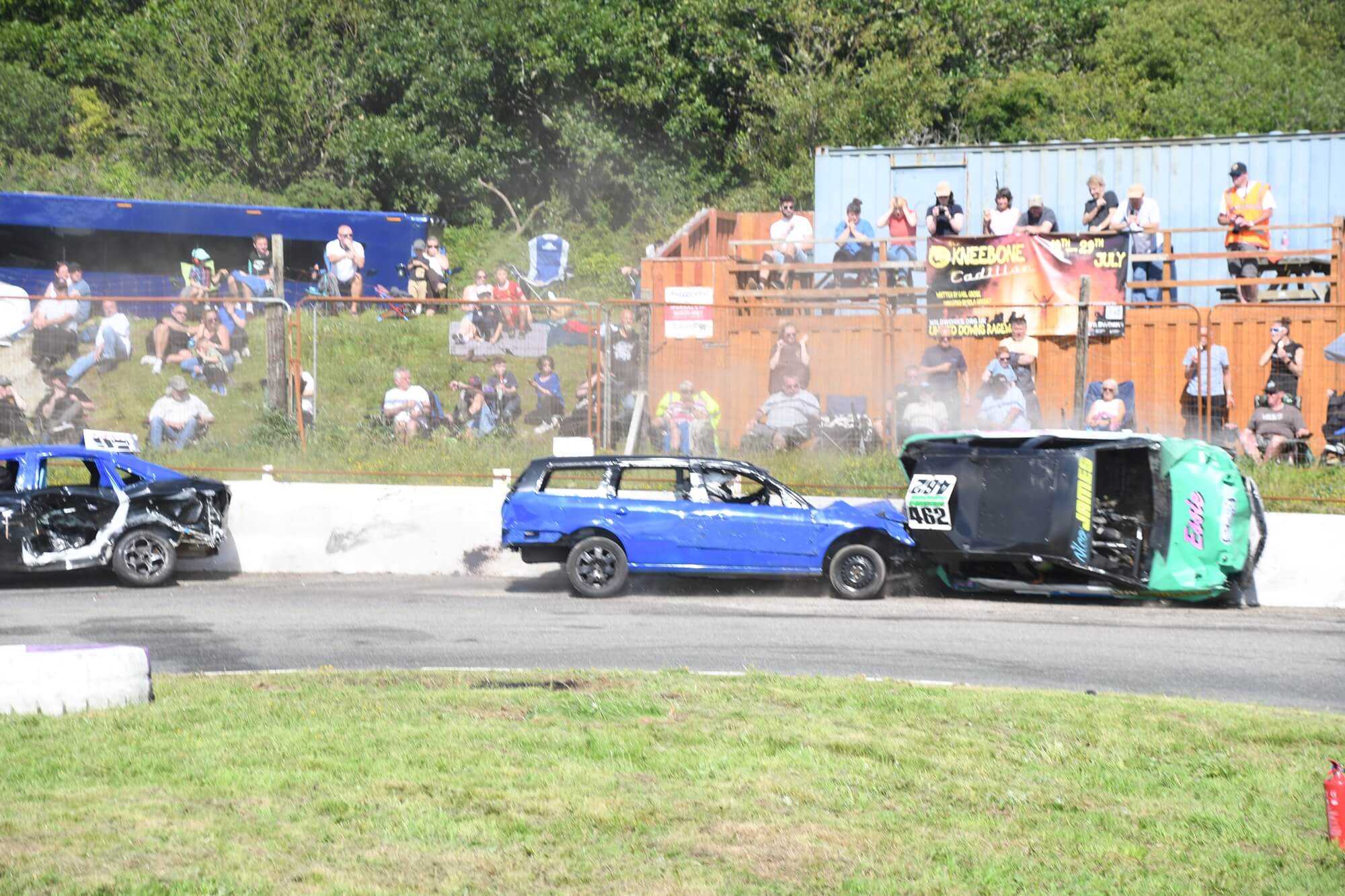 National Banger number 462 of Nico James on its side after a rollover at United Downs Raceway