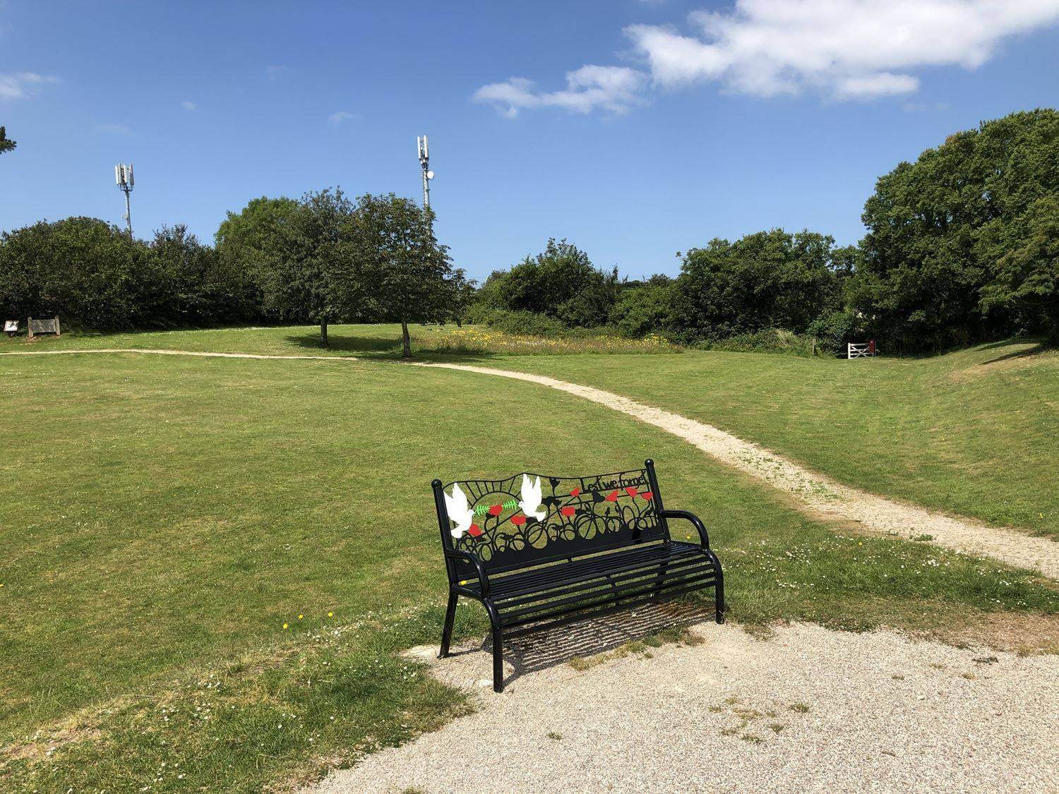 The 'Lest we forget' memorial bench in a Wadebridge park, surrounded by grass and wildflowers