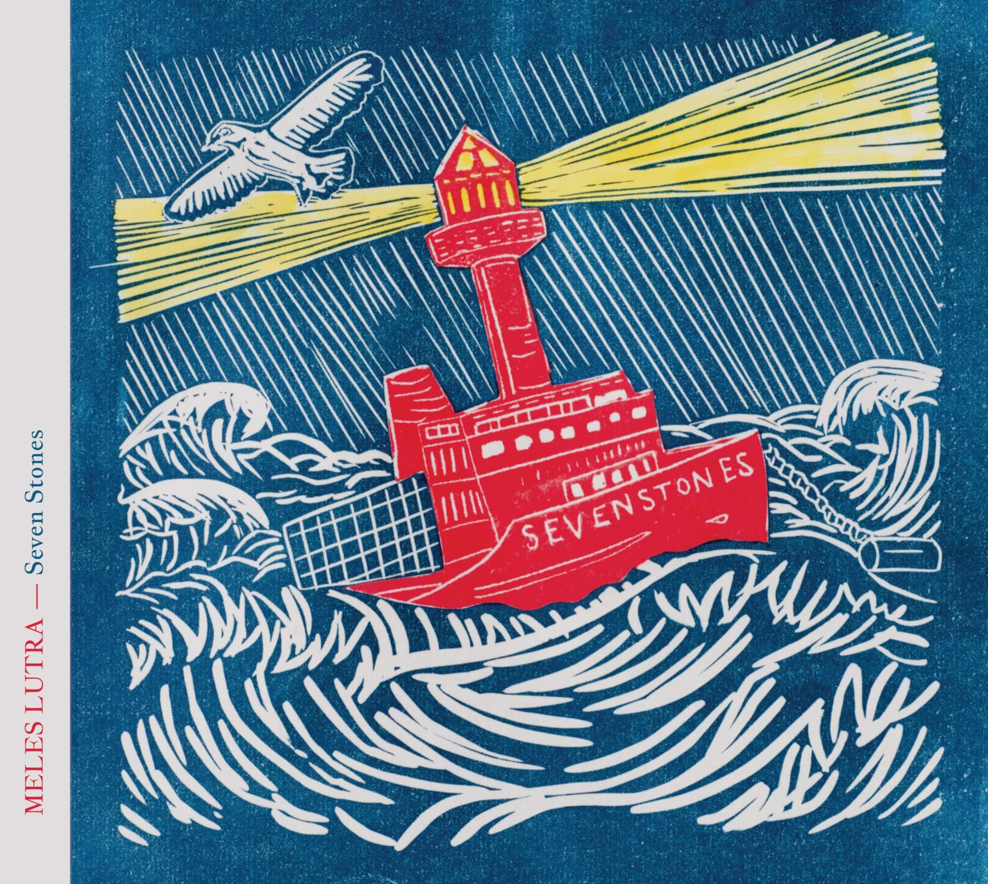 Seven Stones album cover, a red lino print of the Seven Stones lightship riding rough seas with a seabird overhead