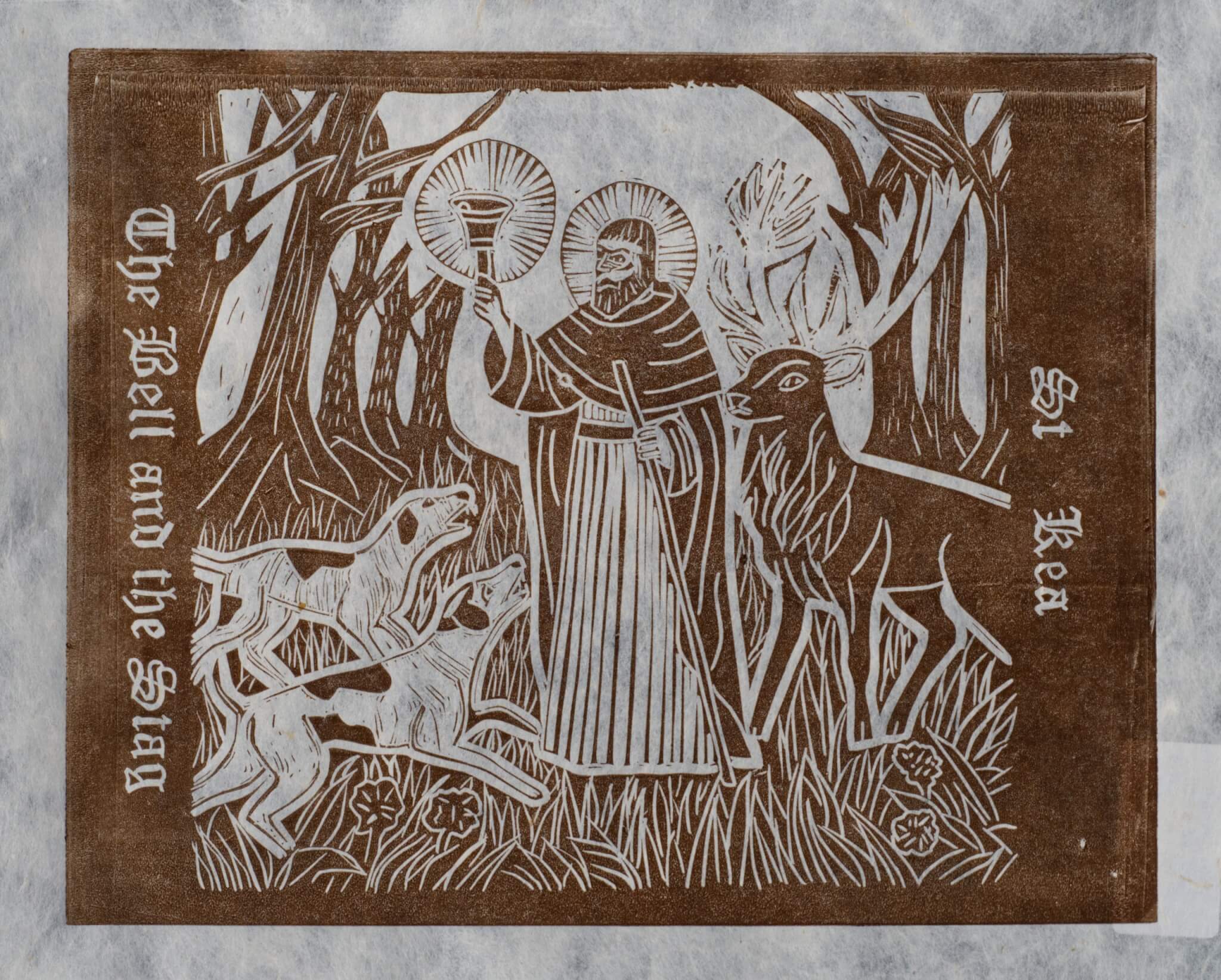 The Bell and the Stag, a brown lino print of Saint Kea holding a bell beside a stag and hounds