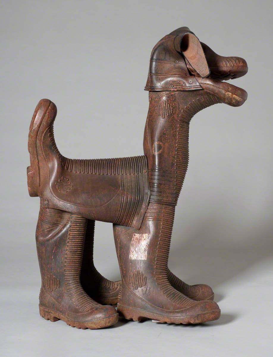 The Hound of Geevor by David Kemp, a dog sculpture made from wellington boots