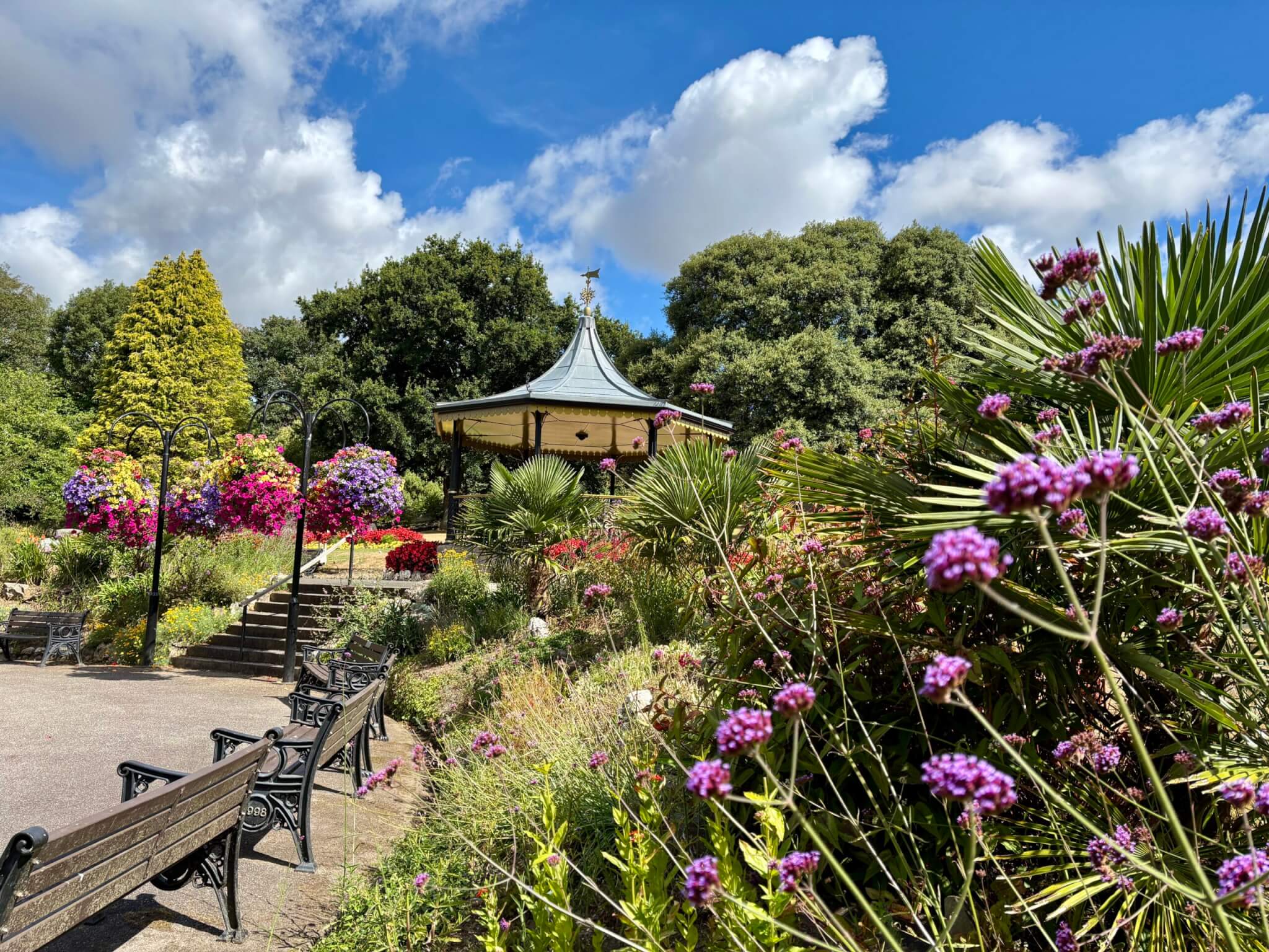Victoria Gardens, Truro, with the bandstand, hanging baskets, purple verbena and benches on a sunny day