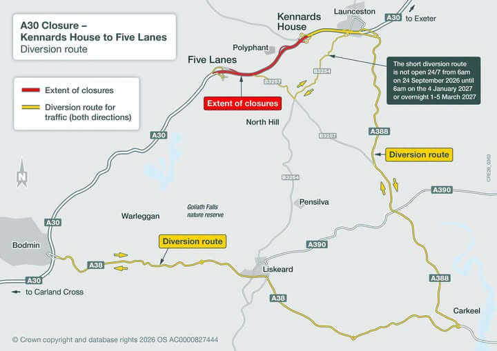 Map showing the A30 closure and diversion routes between Kennards House and Five Lanes