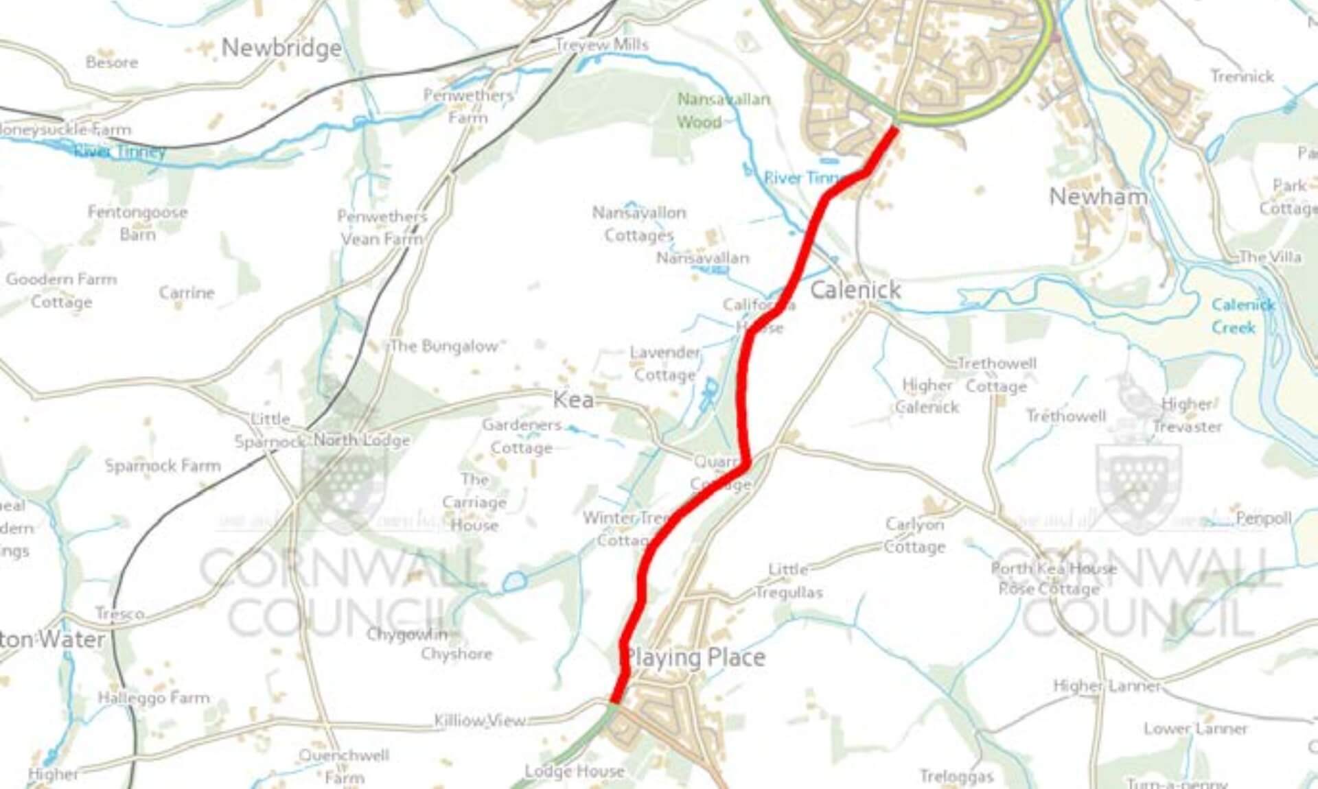 Map showing the A39 closure between Arch Hill, Truro and Playing Place marked in red