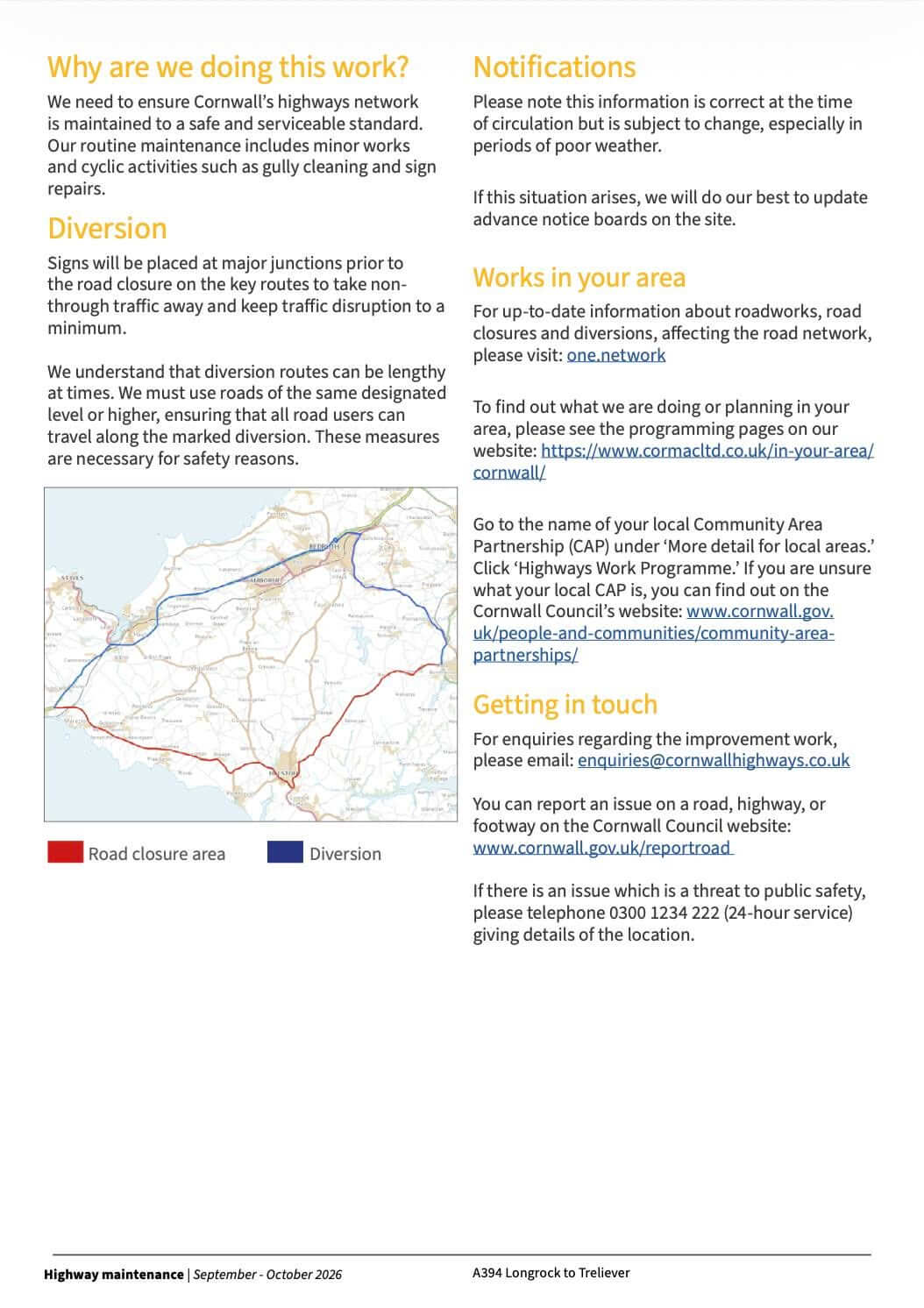 Diversion map and further details for the A394 overnight closures