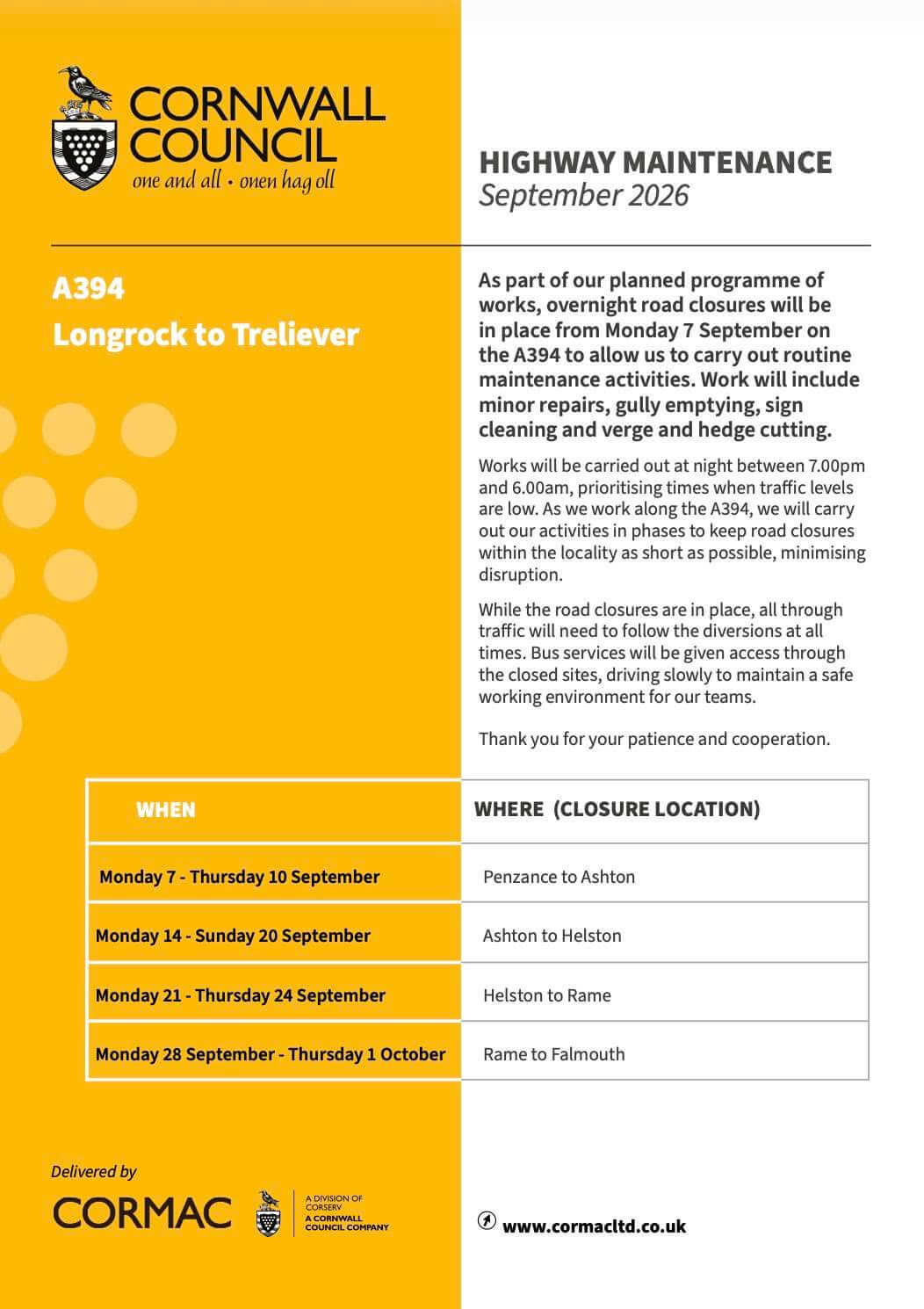 Cornwall Council highway maintenance notice for the A394 Longrock to Treliever, September 2026