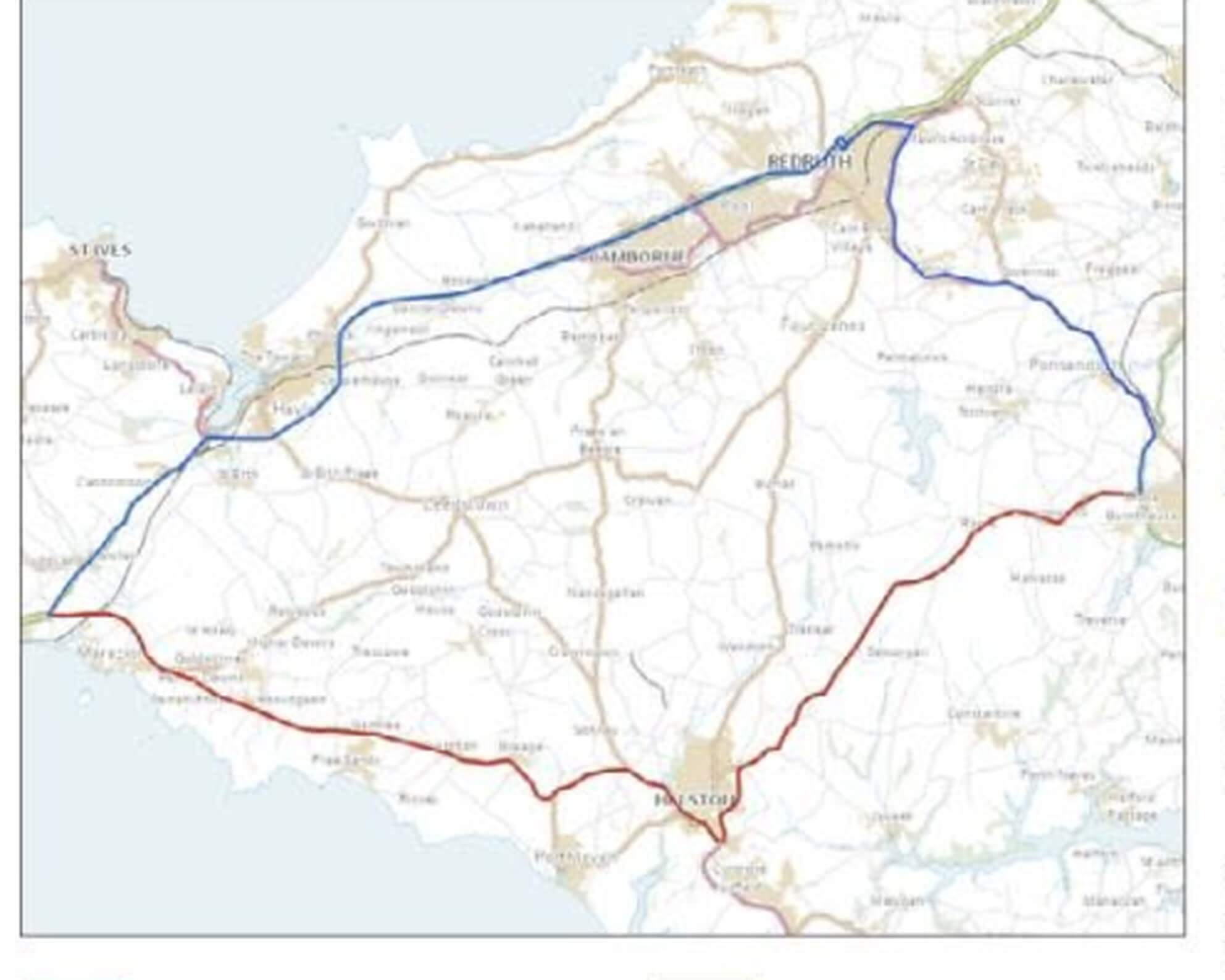 Map showing the A394 road closure area and diversion route between Penzance and Falmouth
