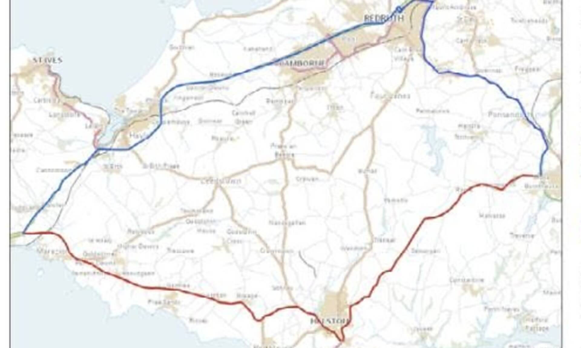 Map showing the A394 road closure area and diversion route between Penzance and Falmouth