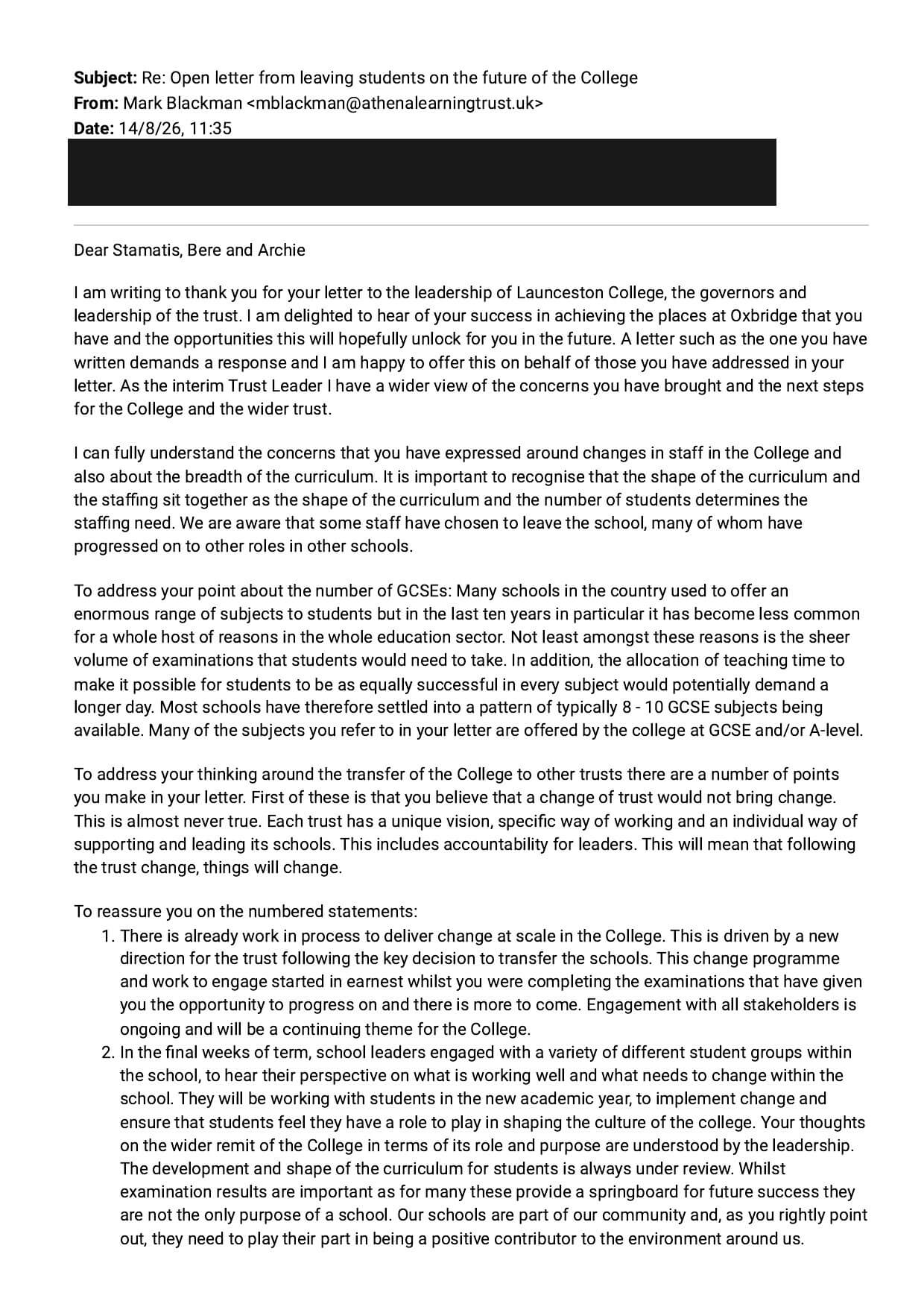 Page one of Mark Blackman's reply on behalf of Athena Learning Trust