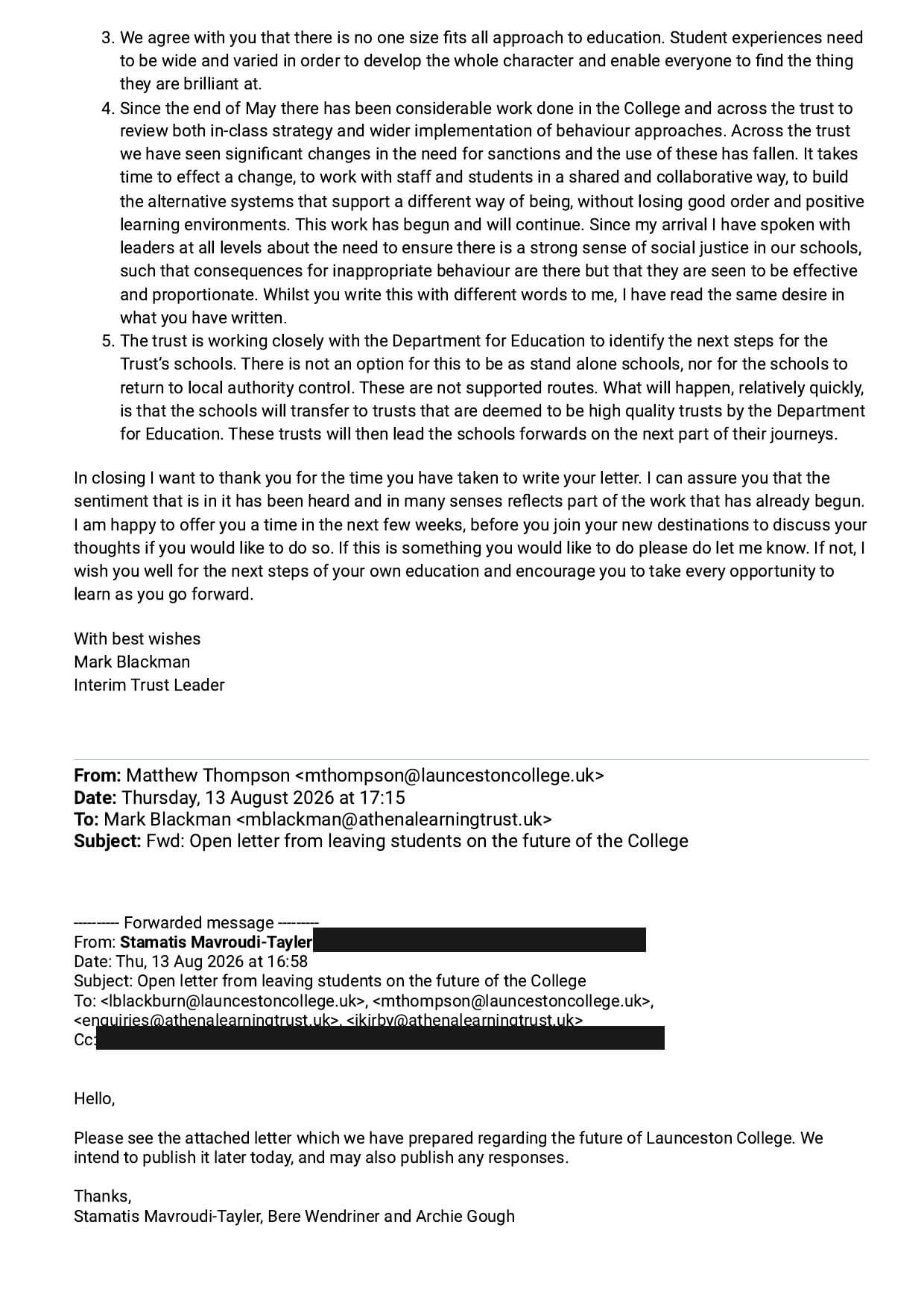 Page two of the reply, covering behaviour, sanctions and the transfer of the trust's schools