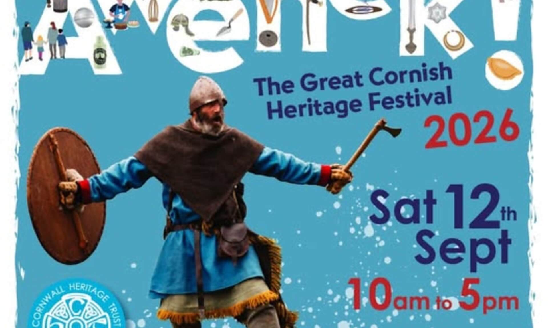 Awenek, The Great Cornish Heritage Festival, poster showing a costumed warrior with axe and shield