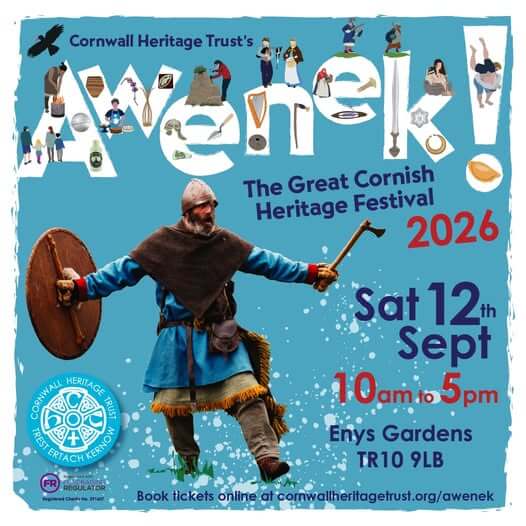 Awenek, The Great Cornish Heritage Festival, poster showing a costumed warrior with axe and shield