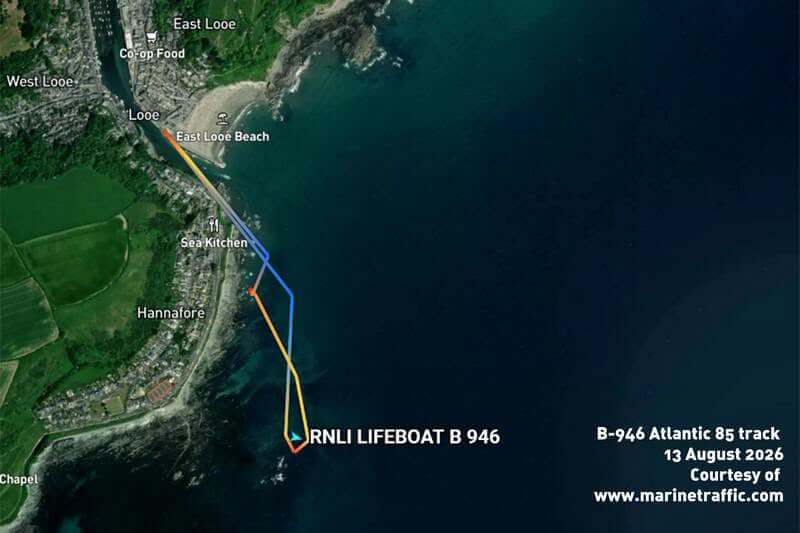 Map showing the track of RNLI Looe lifeboat B-946 off Hannafore, Looe on 13 August 2026
