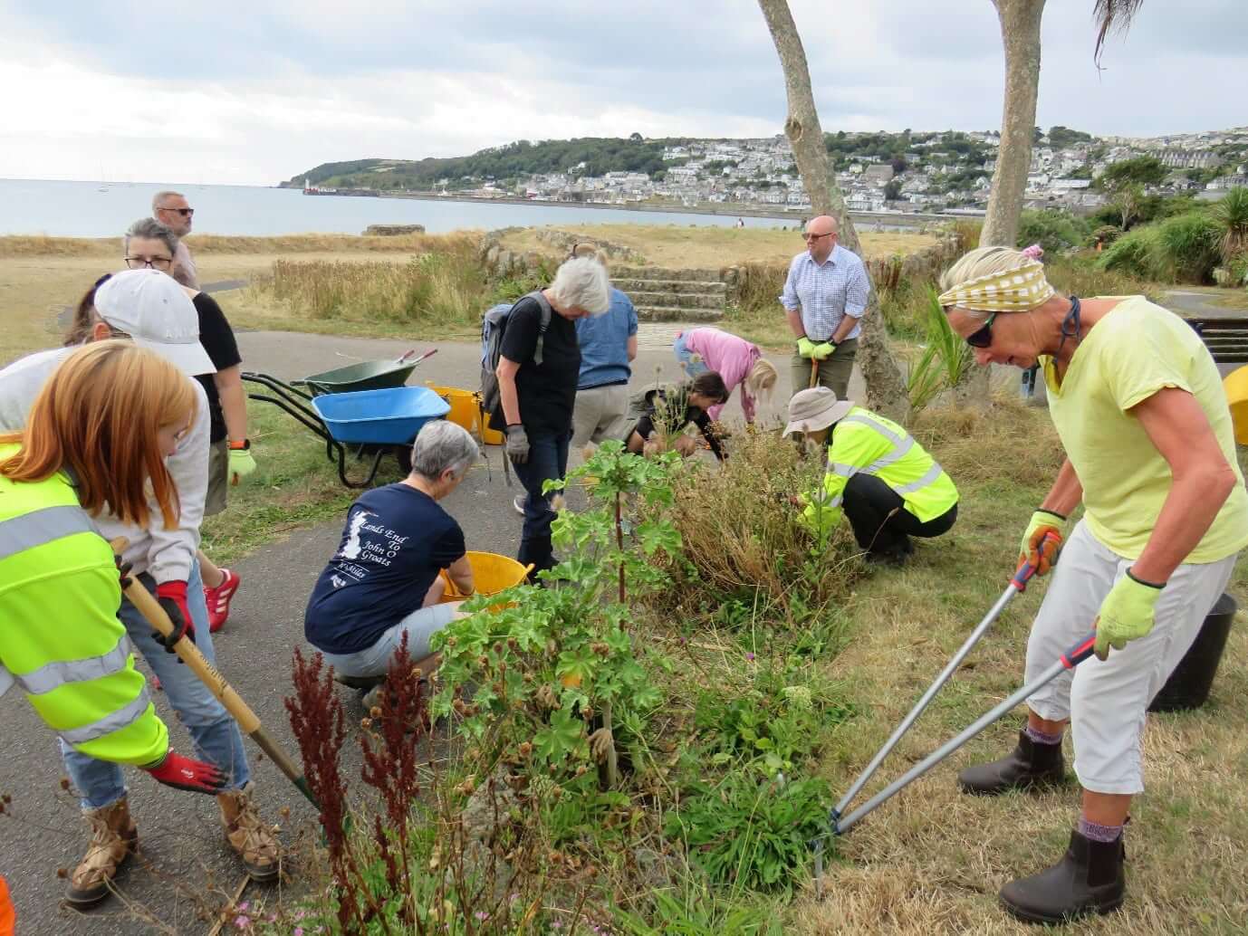 Volunteers weeding a seafront flower bed at Bolitho Gardens with Penzance across the bay behind