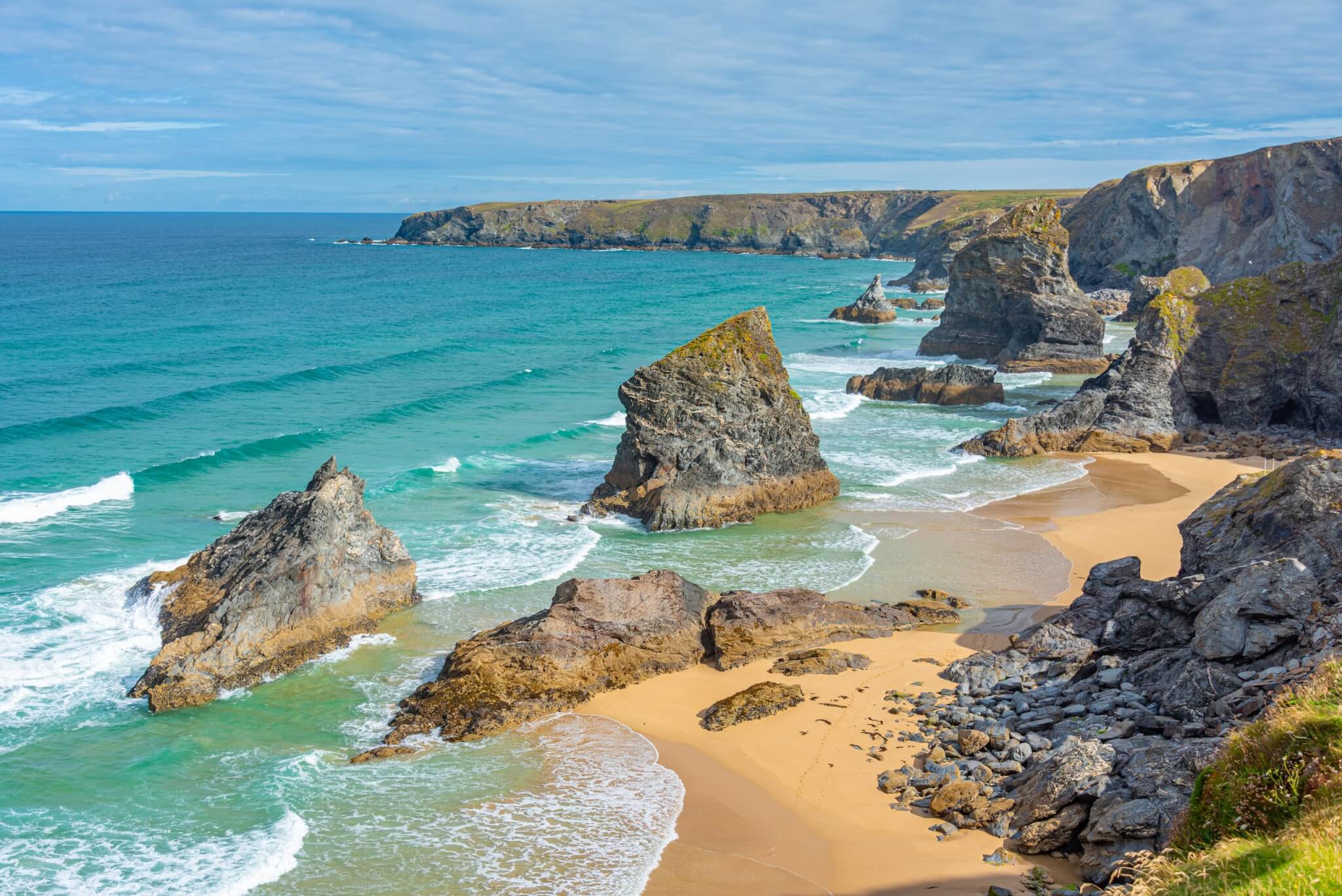 Sea stacks on the beach at Bedruthan Steps on the north Cornwall coast