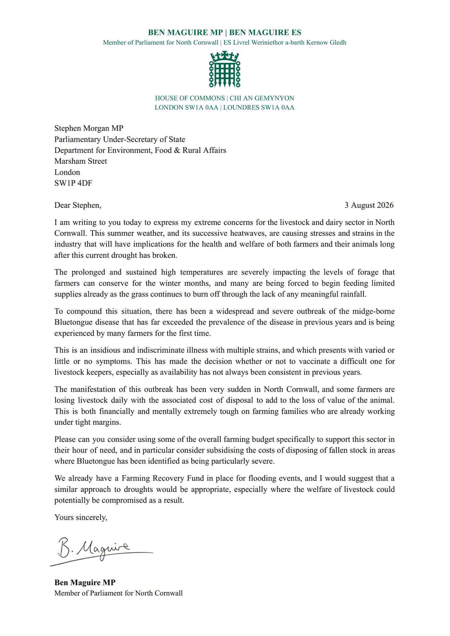 Ben Maguire MP's letter to Defra minister Stephen Morgan about the farming crisis