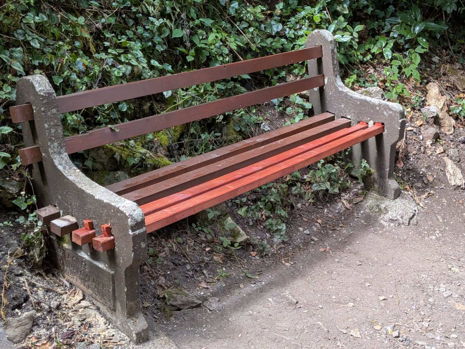 The repaired Stippy Stappy bench showing new timber against the older weathered wood and concrete frame