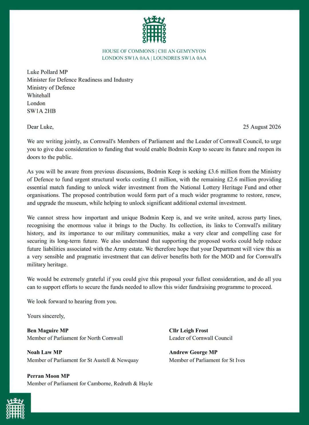 Joint letter from Cornwall's MPs and Cornwall Council's leader to the Ministry of Defence about Bodmin Keep funding