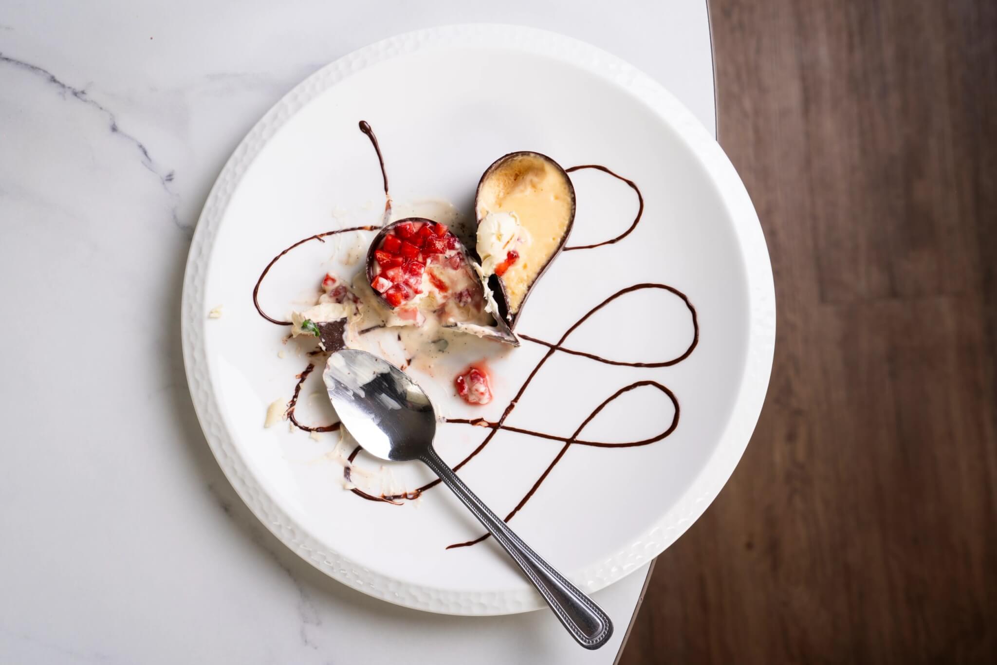 Chocolate dessert with strawberries and ice cream
