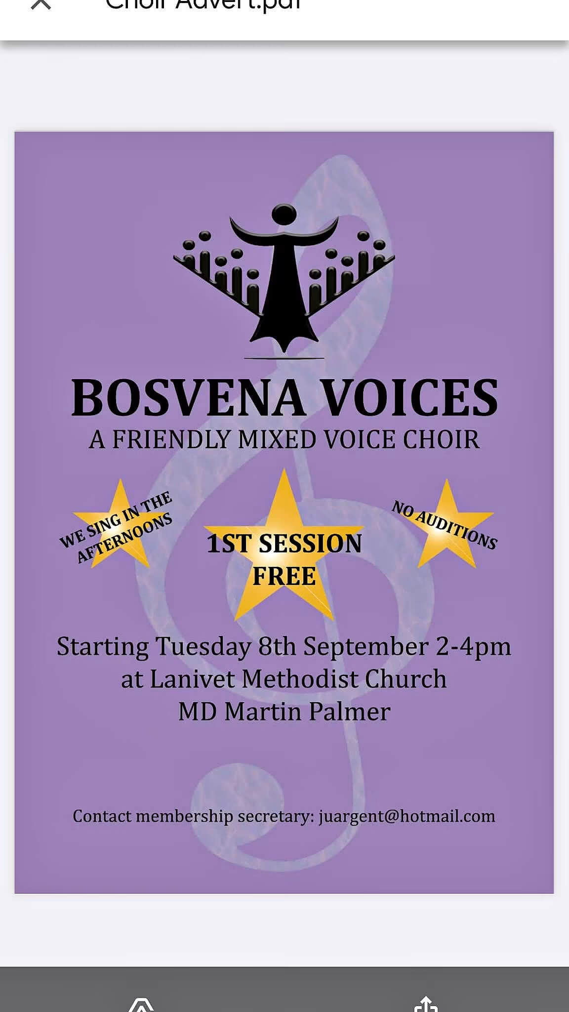 Bosvena Voices poster: a friendly mixed voice choir, first session free, no auditions, starting Tuesday 8 September at Lanivet Methodist Church