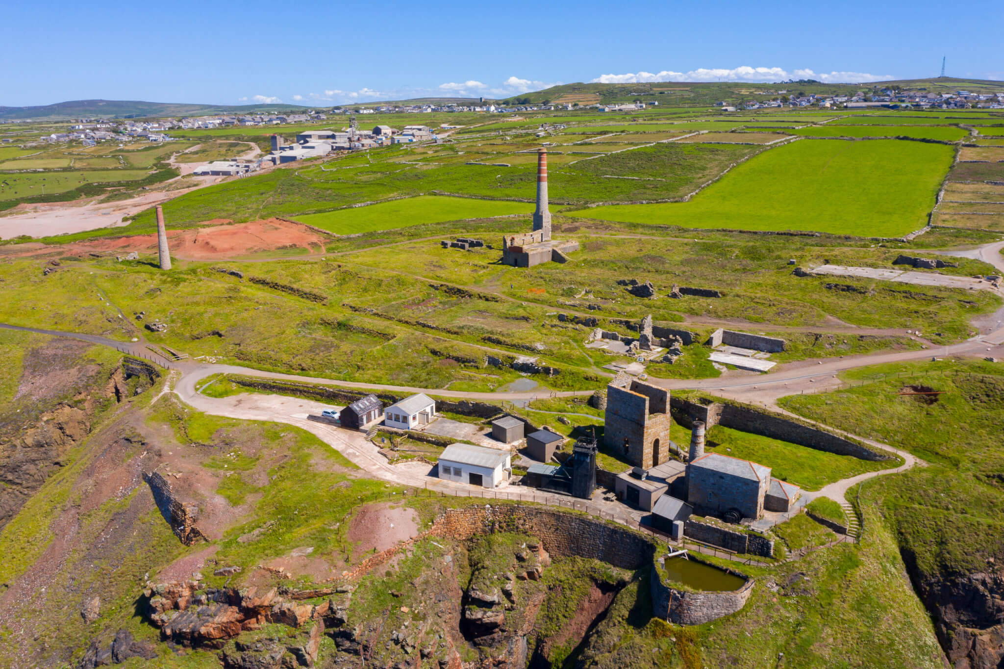 Aerial view of the Botallack mine engine houses and chimneys on the Tin Coast near St Just