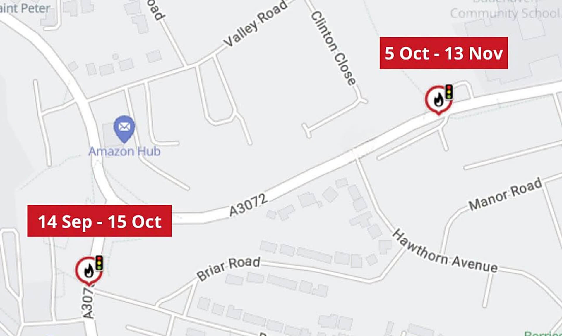 Map showing gas works locations and dates on Bude roads